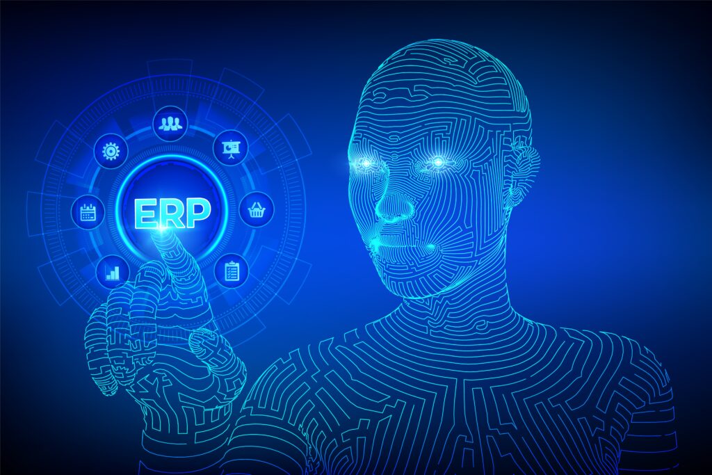 ERP. Enterprise resource planning business and modern technology concept on virtual screen. Corporate Company Management Business. Wireframed cyborg hand touching digital interface. Vector. EPS 10.